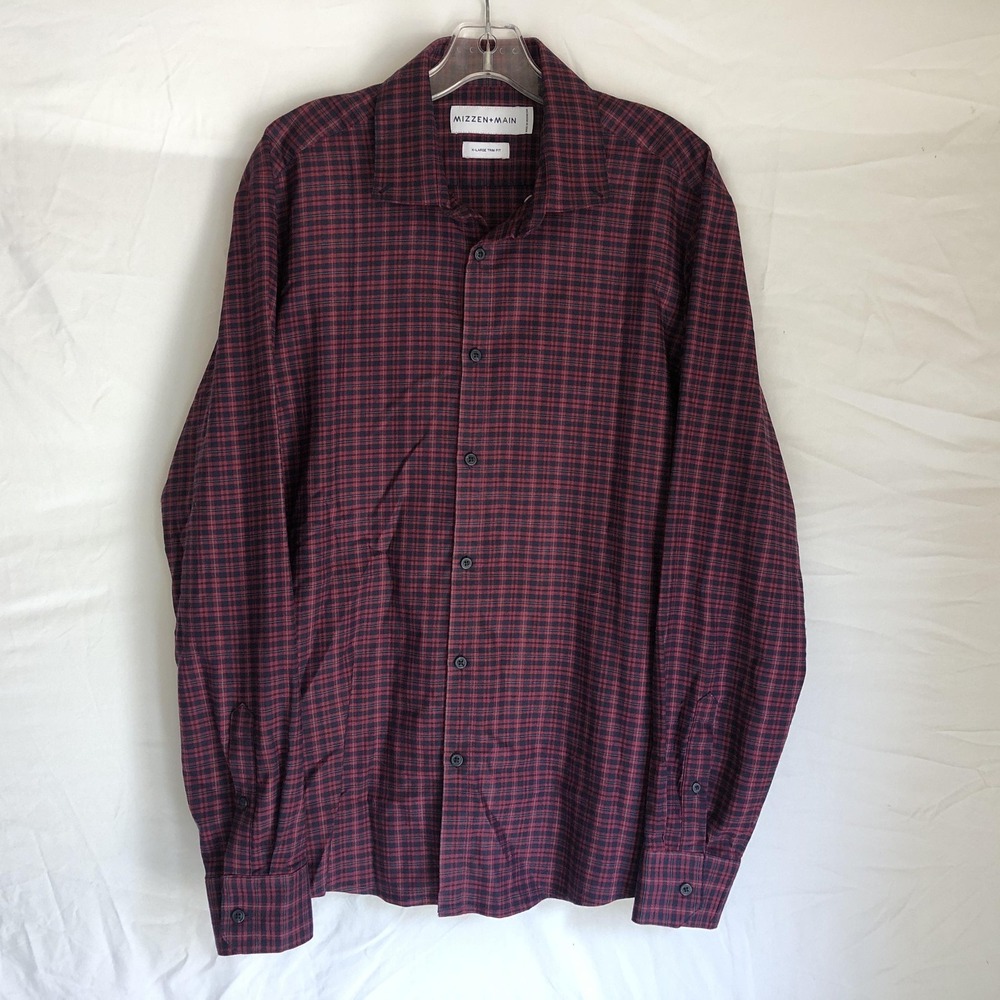 Mizzen+Main Dress Shirt Mens XL Red Plaid Trim Fit No Iron Easycare Long Sleeve